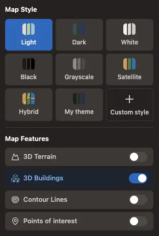 The Style popover, showing the built-in basemap themes alongside saved custom styles and the 3D terrain, 3D buildings and contour line toggles.